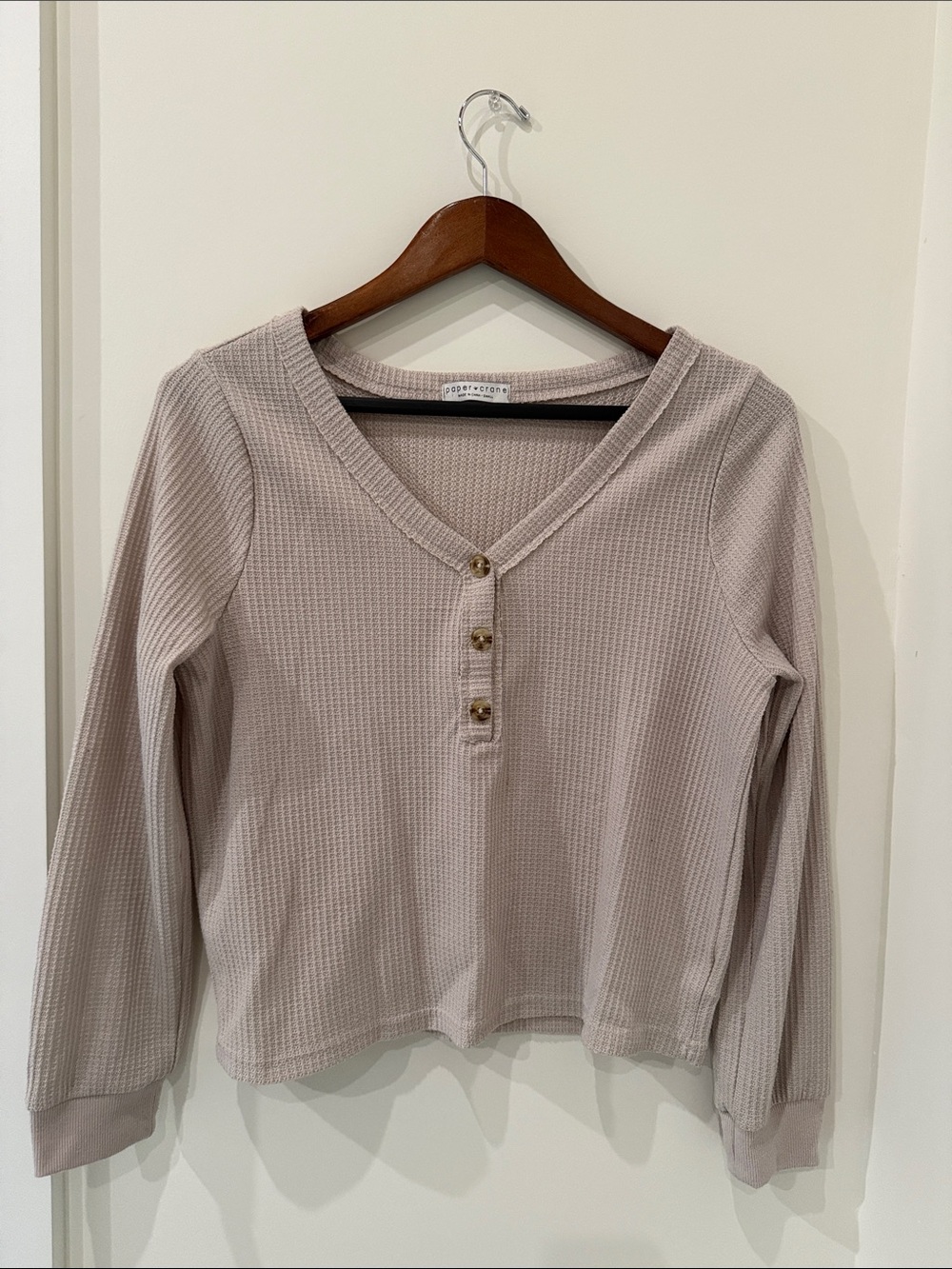 Paper Crane Light Taupe Waffle Henley Long Sleeve Top